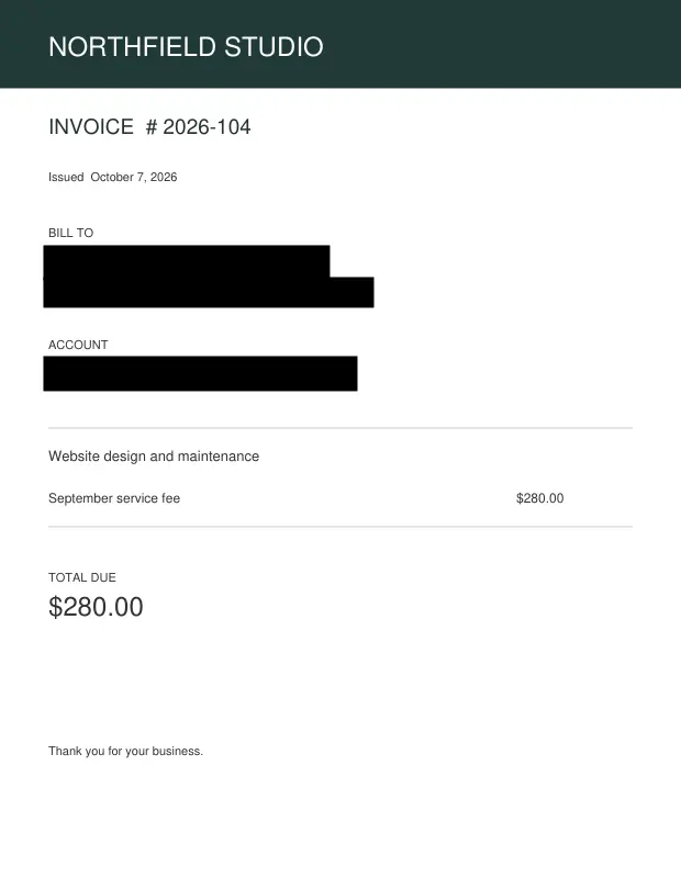 Invoice with name and account removed permanently