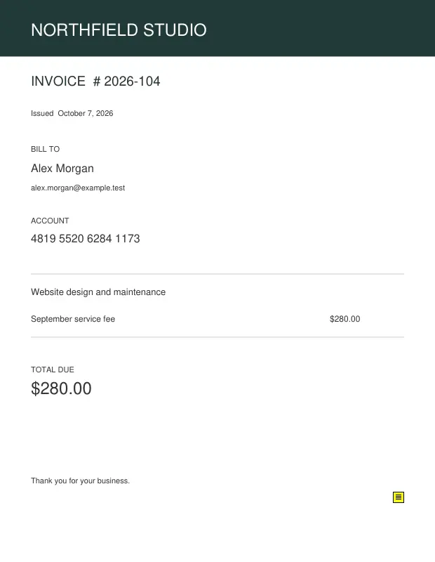 Sample invoice containing a fictional name and account